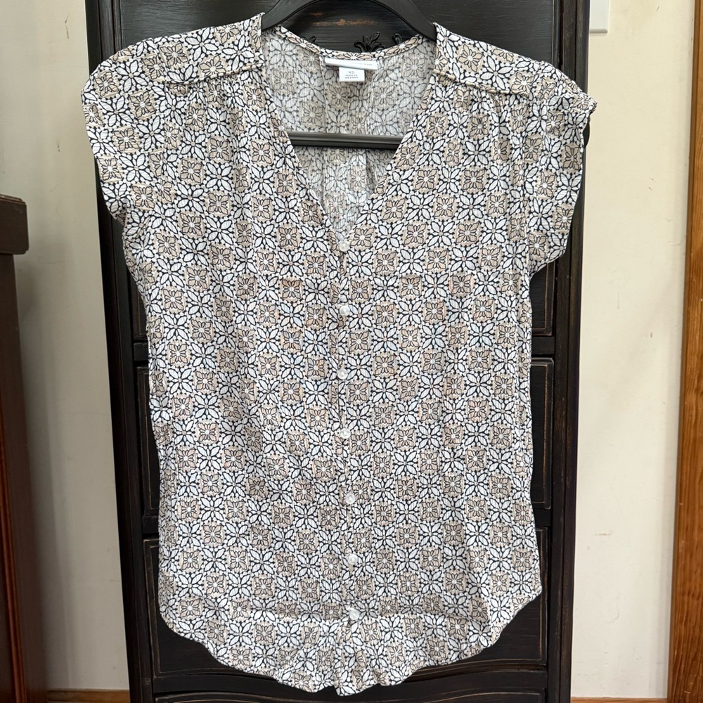 Liz Claiborne Floral Print Blouse - Tan, white and navy